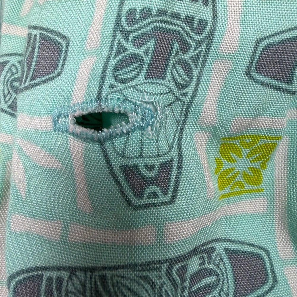 Atomic Tiki Hawaiian Shirt Mens XXL 2XL Mint Green Rayon Distressed Flawed Hole - Picture 8 of 9